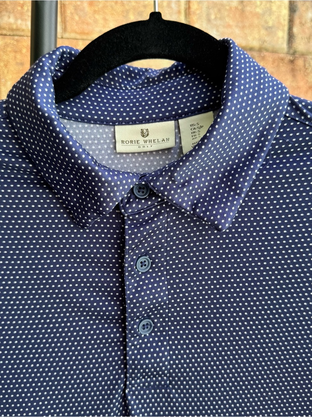 Rorie Whelan Men's Navy White Polka Dot Golf Performance Polo Shirt